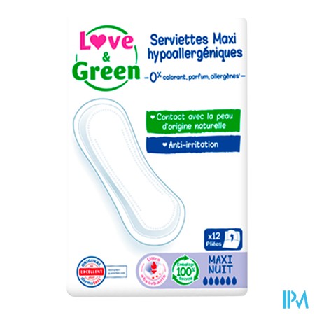 produit LOVE & GREEN SERVIETTES MAXI HYPOAL X12