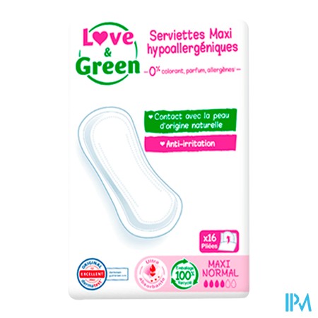 vignette LOVE &amp; GREEN SERVIETTES MAXI NORMAL X16
