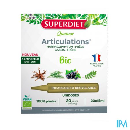 vignette Superdiet Quatuor Articulations Bio Harpagophytum Prele Cassis Frene Unidose 15ml 20