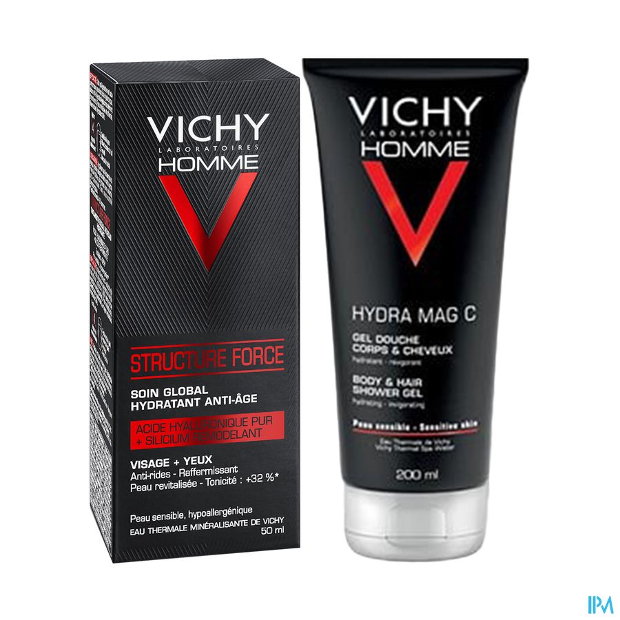 vignette Vichy Homme Structure Force Soin Global Hydra 50ml + Gel Douche 100ml Offert