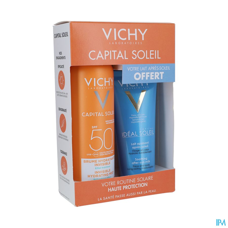 produit Vichy Capital Soleil Brume Hydratante Invisible Spf50 200ml + Lait Apaisant Ap Soleil 100ml Offert