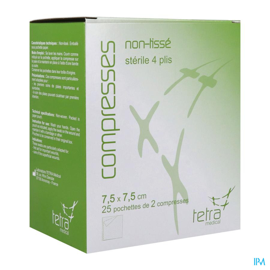 vignette Tetra Compresse Non Tissee Sterile 7cm5 X 7cm5 Sachet 2 X25