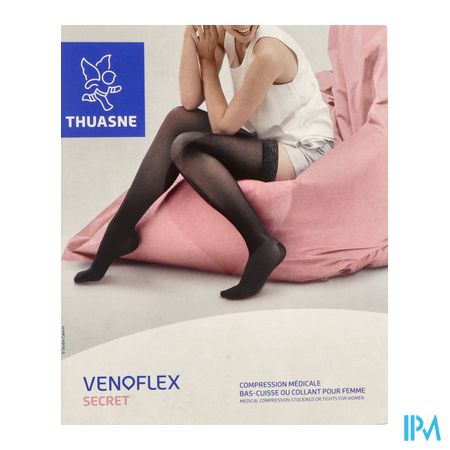 vignette Thuasne Venoflex2 Secret Bas Cuisse Autofixant Pied Ouvert Beige Dore Long T3