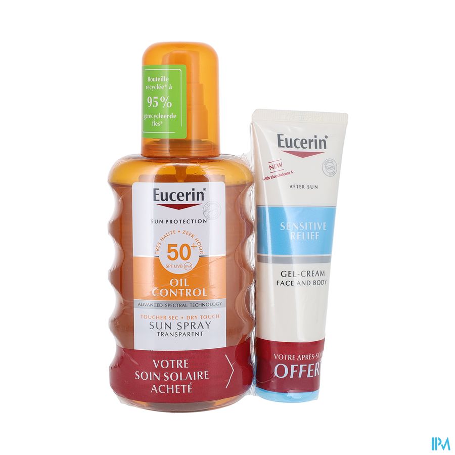 produit Eucerin Sun Sensitive Spray Transparent Spf50+ 200ml + Apres Soleil 50ml Offert