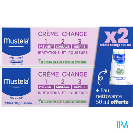 vignette Mustela Bebe Creme Change 1.2.3 100ml X2 + Eau Nettoyant Offerte 50ml