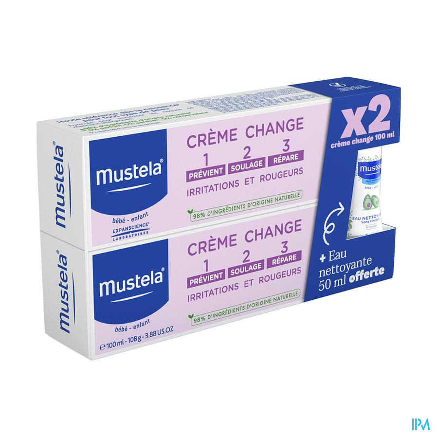vignette Mustela Bebe Creme Change 1.2.3 100ml X2 + Eau Nettoyant Offerte 50ml