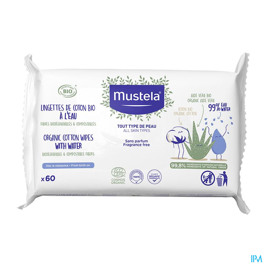 vignette Mustela Bebe Enfant Lingettes De Coton Bio A l Eau 60