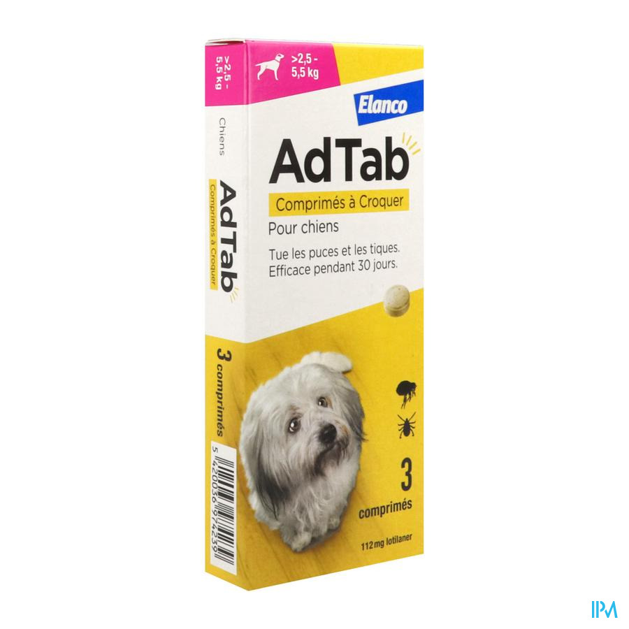 vignette Adtab 112mg Antiparasitaire Chien 2/5kg Comprime 3