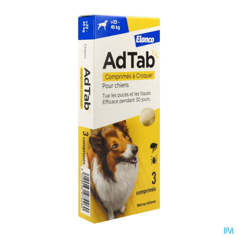 vignette Adtab 900mg Antiparasitaire Chien 22/45kg Comprime 3