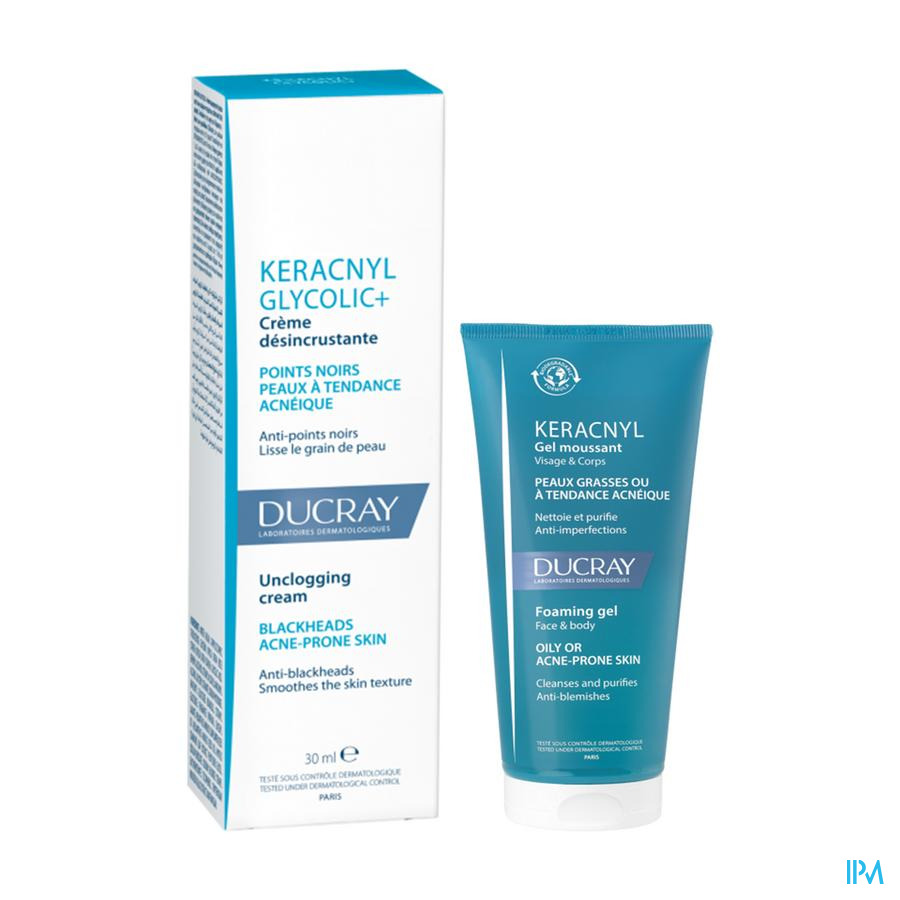 vignette Ducray Keracnyl Glycolic+ Creme Desincrustante 30ml + Gel Moussant 40ml Offert