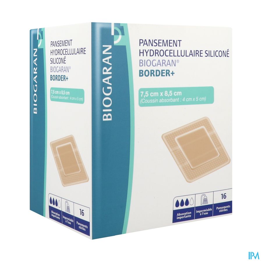 vignette Biogaran Border + Pansement Hydrocellulaire Silicone 7cm5 X 8cm5 16