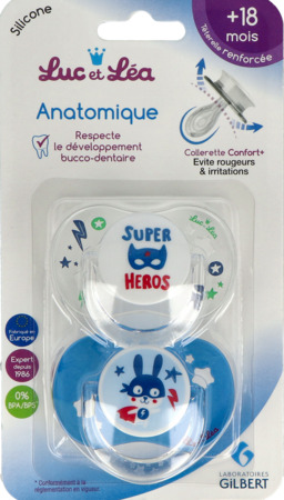produit Luc Et Lea Sucette Anatomique Symetrique Heros Anneau +18m X2