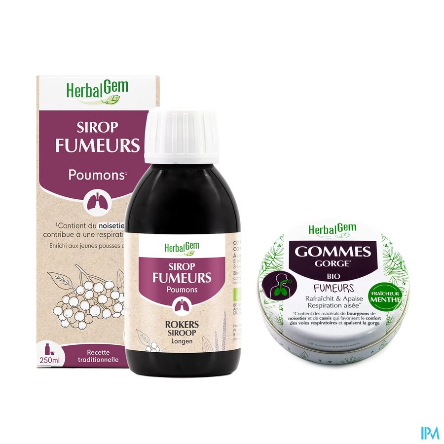 produit Herbalgem Duo Sirops Fumeurs Bio 250ml + Gommes Gorge Fumeurs Bio 45g