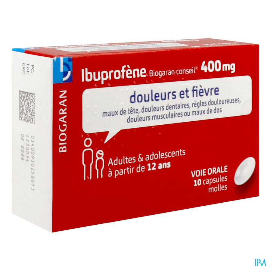 vignette Ibuprofene Biogaran Conseil 400mg Capsule Molle 10