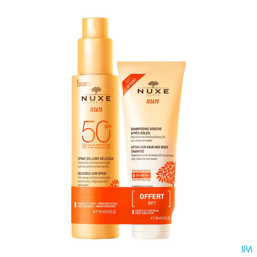 vignette Nuxe Sun Spray Spf50 150ml + Shampoing Douche Apressoleil 100ml Offert