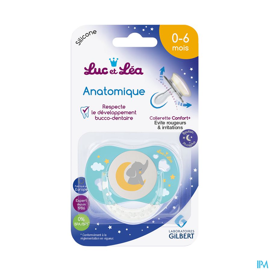 vignette Luc Et Lea Sucette Anatomique Nuit Elephant Bleu Anneau 0/6m