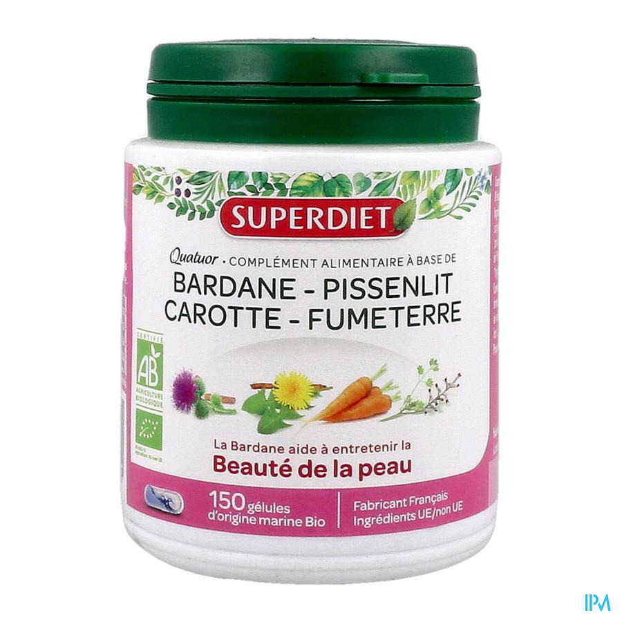 vignette Superdiet Quatuor Beaute De La Peau Bio Bardane Pissenlit Carotte Fumeterre Gelule 150