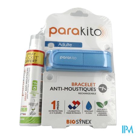 vignette Parakito Bracelet Antimoustique Rechargeable Adulte Bleu + Spray 30ml Offert