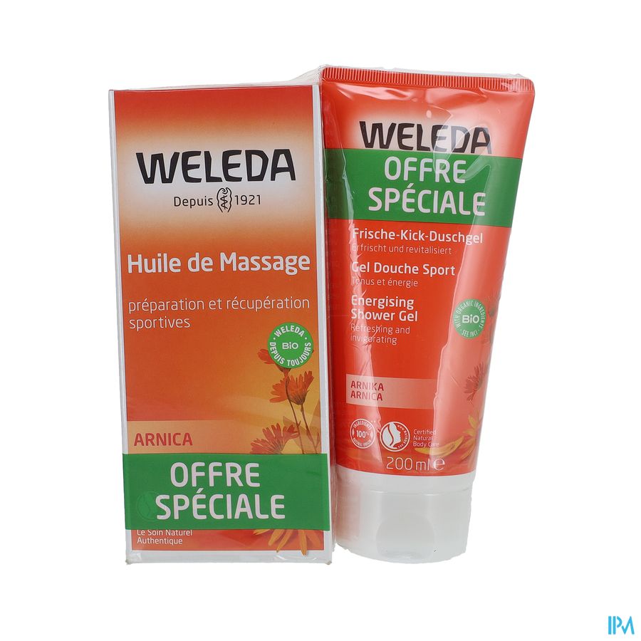 produit Weleda Arnica Huile De Massage 200ml + Sport Gel Douche Arnica 200ml Offert