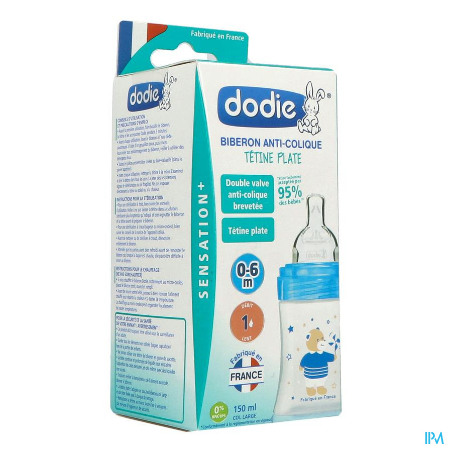 vignette Dodie Sensation+ Biberon Bleu Ourson 0/6mois 150ml